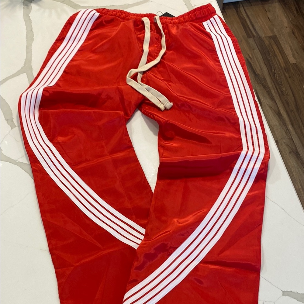 Red and White Nylon Pants with Racing Stripes